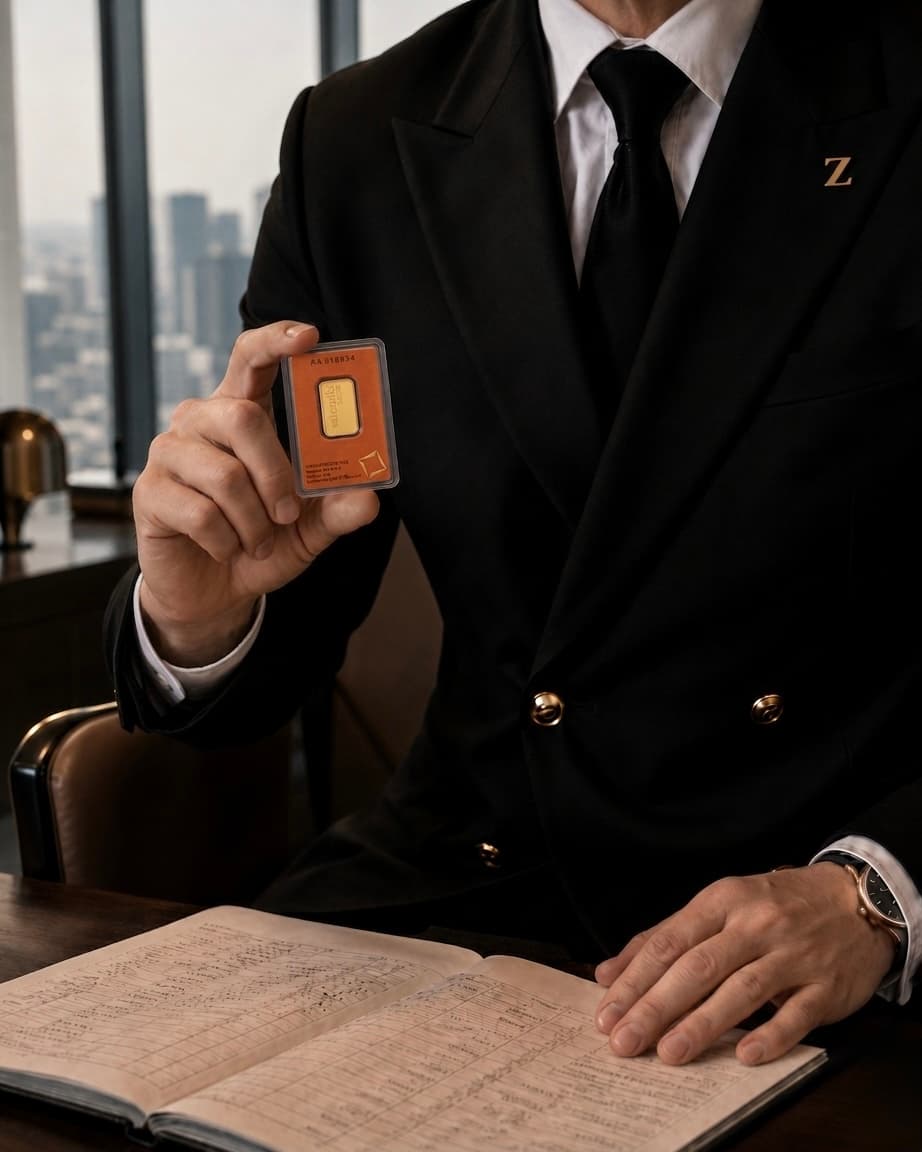 Zain Qureshi at his desk, holding an assayed Argor-Heraeus gold bar above a handwritten ledger.