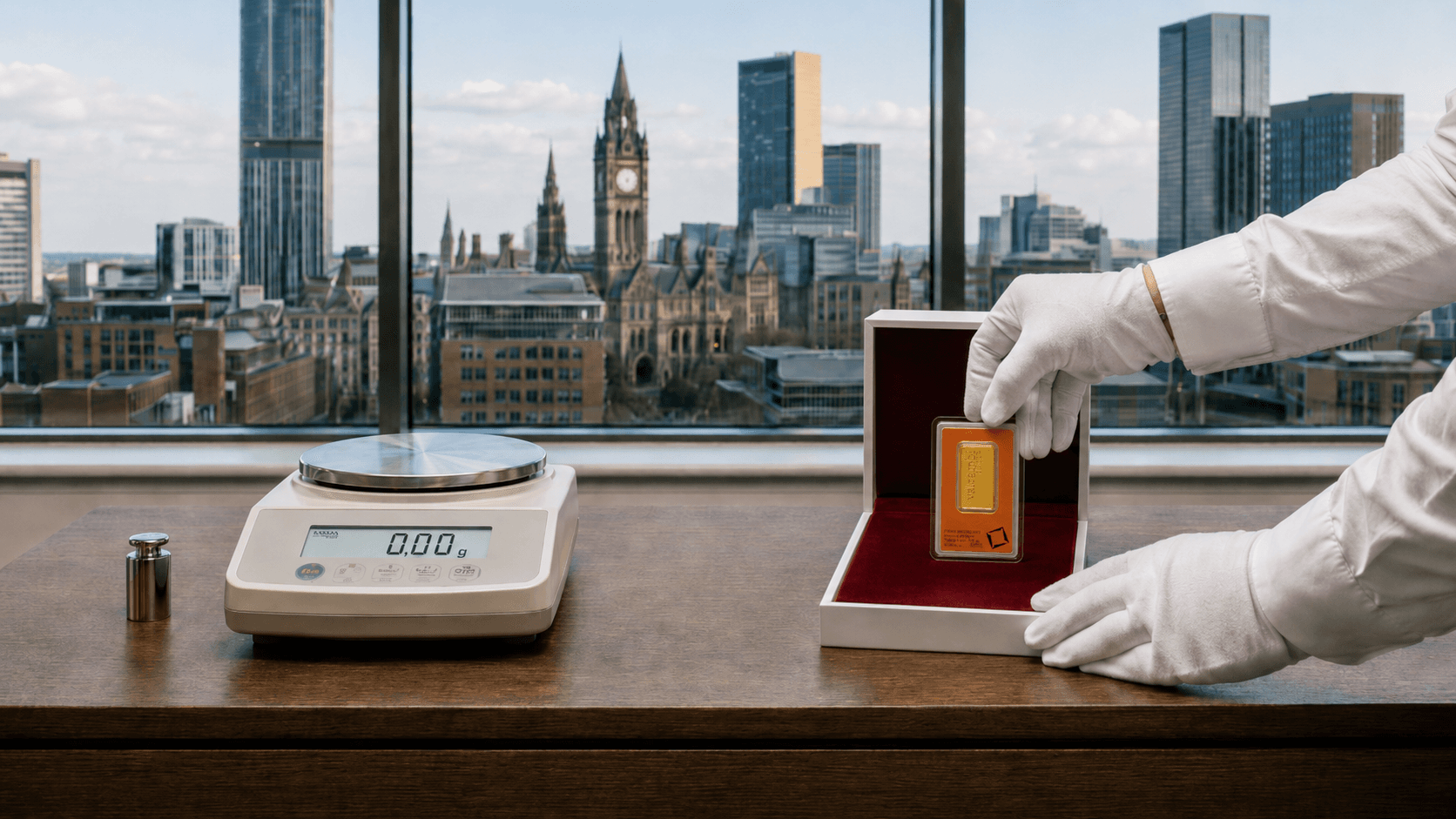 White-gloved hands presenting an assayed gold bar beside a precision balance, overlooking the Manchester skyline.